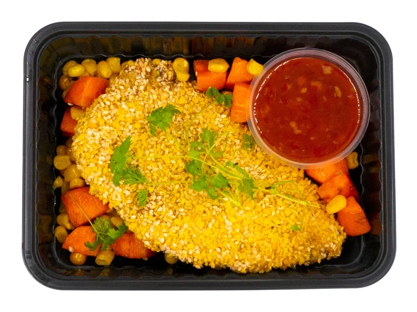 Sesame-Crusted Schnitzel with Carrot and Corn Medley