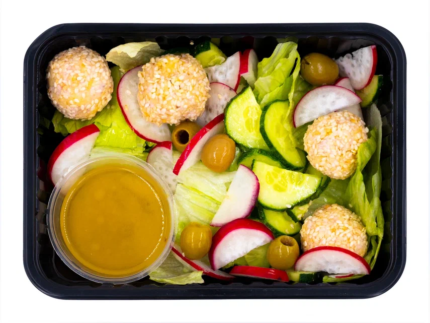 Fresh Vegetable Salad with Sesame Balls and Olives