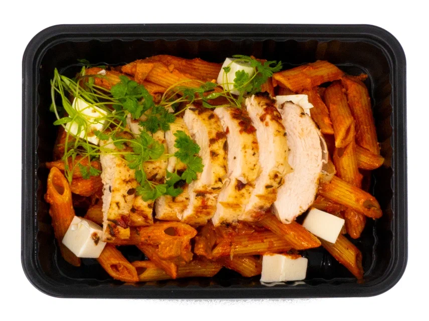 Penne Rigate with Chicken, Eggplant, and Feta Cheese